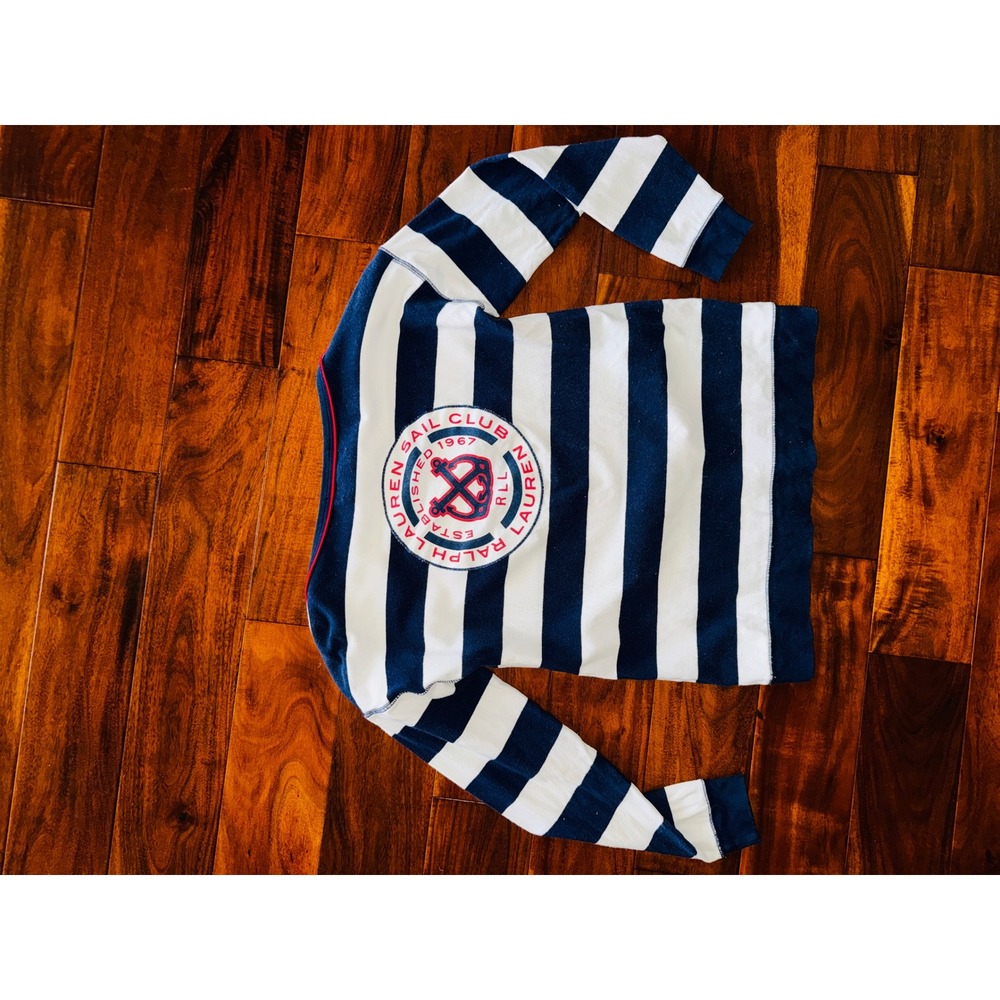 L-RL‎ Ralph Lauren Sail Club Top Womens XS Navy White Excellent Nautical Striped